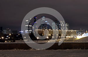 Moscow City International Business Centre skyscraper buildings view from Poklonnaya Hill at night