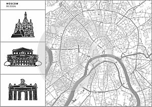 Moscow city map with hand-drawn architecture icons