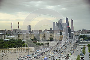 Moscow city. Modern building. Street panoramic photo.