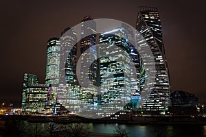 Moscow city night view with skyscrapers and Moskva river