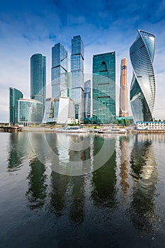 Moscow City skyline. Moscow International Business Centre at day time with Moskva river