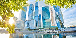 Moscow city skyline at sunset