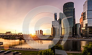 Moscow-City skyscrapers and bridge over Moskva River at sunset, Russia