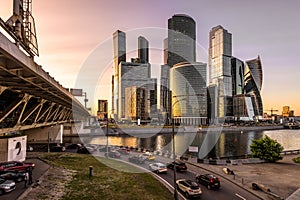 Moscow-City skyscrapers and bridge over Moskva River at sunset, Russia