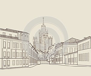 Moscow city street view with famous Stalin skyscraper building on background. Travel Russia engraving skyline