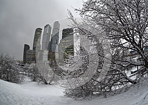 Moscow-city under snowfall