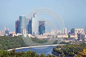 Moscow city urban view. Moscow river on near plan