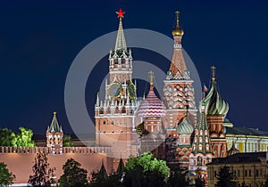 Moscow cityscape with cathedral of Vasily the Blessed Saint Basil`s Cathedral and Spasskaya Tower of Moscow Kremlin on Red