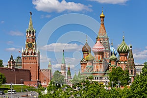 Moscow cityscape with Cathedral of Vasily the Blessed Saint Basil`s Cathedral and Spasskaya Tower on Red Square, Russia