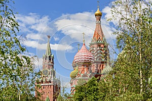 Moscow cityscape with Cathedral of Vasily the Blessed Saint Basil`s Cathedral and Spasskaya Tower on Red Square, Russia