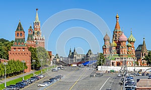 Moscow cityscape with Cathedral of Vasily the Blessed and Spasskaya Tower on Red Square, Russia