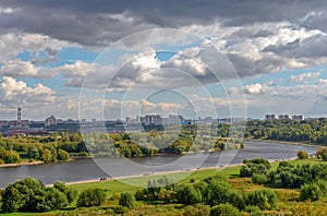 Moscow cityscape with river and park