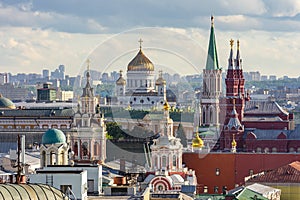 Moscow cityscape with towers of Moscow Kremlin and Cathedral of Christ the Savior Khram Khrista Spasitelya, Russia