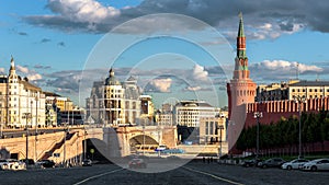 Moscow cityscape, view from Red Square to Bolshoy Moskvoretsky Bridge, Russia. Famous old Kremlin on right