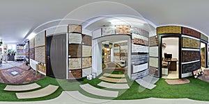 Moscow-2018: 3D spherical panorama with 360 degree viewing angle of the hardware store interior with paving slab and decorative ti