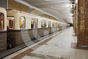 Retro train type A in Krasnoselskaya metro station of Moscow. Interior view.