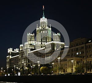 Moscow. High-rise building on Kotelnicheskaya embankment. Night view from the Moscow river