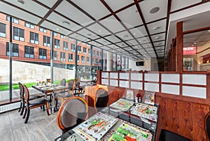 MOSCOW - JULY 2013: The interior is modern Japanese restaurant Ichiban Boshi. The main hall with panoramic window