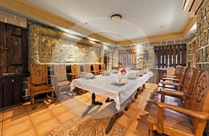 MOSCOW - JULY 2014: Medieval interior of the restaurant Caucasian and European cuisine 