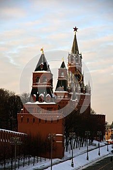 Moscow Kremlin architecture in winter. Spasskaya clock tower and other towers