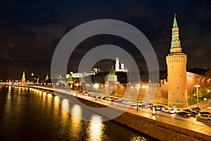 Moscow Kremlin On Banks Of Moscow River At Autumn Night Time.