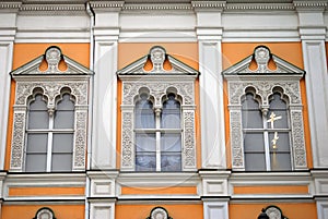 Moscow Kremlin. Color photo. Two crosses reflection in a glass window