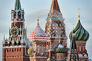 Moscow Kremlin CXlock Tower & Onion Domes of St. Basilâ€™s in Winter