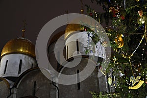 Moscow Kremlin, Dormition church, Christmas and New Year tree on Sobornaya Square of Moscow Kremlin photo