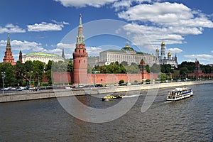 Moscow Kremlin and embankment of the Moscow river. Moscow river and Kremlin on a Sunny day.