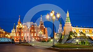 Moscow Kremlin and historical museum on the Red Square in Moscow, night scene. Russia