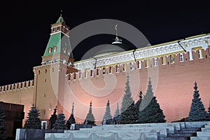Moscow Kremlin at night. Red bricks wall.