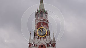 Moscow Kremlin Main Clock named Kuranti on Spasskaya Tower 12 hours . Red Square. Timelapse