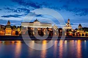 Moscow Kremlin and Moscow River Illuminated in the Evening