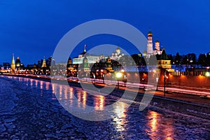 Moscow Kremlin and Moskva River on Winter Holidays Night