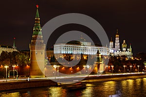 Moscow Kremlin with night illumination against Moskva river. Landscape of Moscow historical center