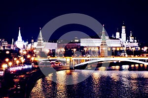 Moscow Kremlin at night. The Moscow river embankment.