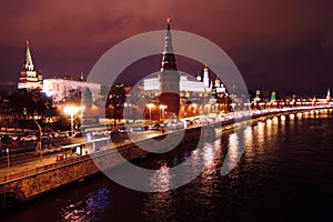Moscow Kremlin at night. The Moscow river embankment.