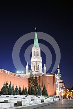 Moscow Kremlin at night. Ruby star is shining. Dark blue sky.