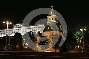 Moscow, Kremlin, night view of the Annunciation Tower and the Grand Kremlin Palace