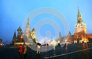 Moscow Kremlin and Red Square at snowstorm.