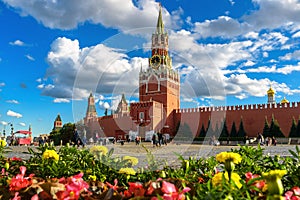 Moscow Kremlin on Red Square in summer, Russia. Beautiful scenic view of old Spasskaya Tower of Kremlin in Moscow city center