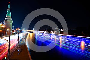 Moscow Kremlin and ships on Moskva river. Time-lapse