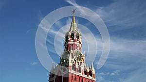 Moscow Kremlin Spasskaya tower over blue sky