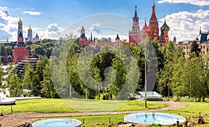 Moscow Kremlin and St Basil`s cathedral behind Zaryadye Park, Moscow, Russia. Urban landscape, beautiful scenic view of Moscow