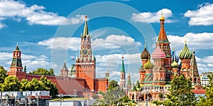 Moscow Kremlin and St Basil`s Cathedral on the Red Square in Mos