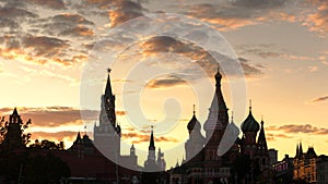 Moscow Kremlin and St Basil`s Cathedral at sunset, Russia