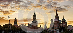 Moscow Kremlin and St Basil`s Cathedral at sunset, Russia