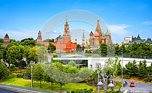 Moscow Kremlin and St Basil`s Cathedral view from Zaryadye Park, Moscow, Russia
