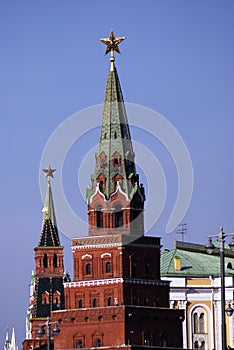 Moscow Kremlin towers. Blue sky background.