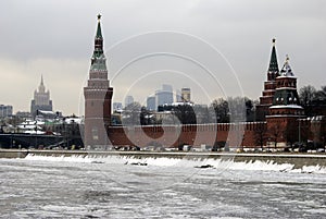 Moscow Kremlin towers. Color winter photo.